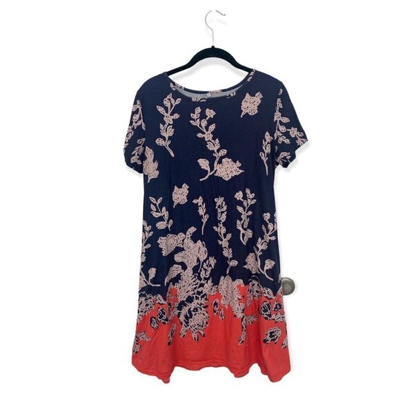 Dresses & Skirts - Floral leaf print blue and orange t-shirt dress SZ L
